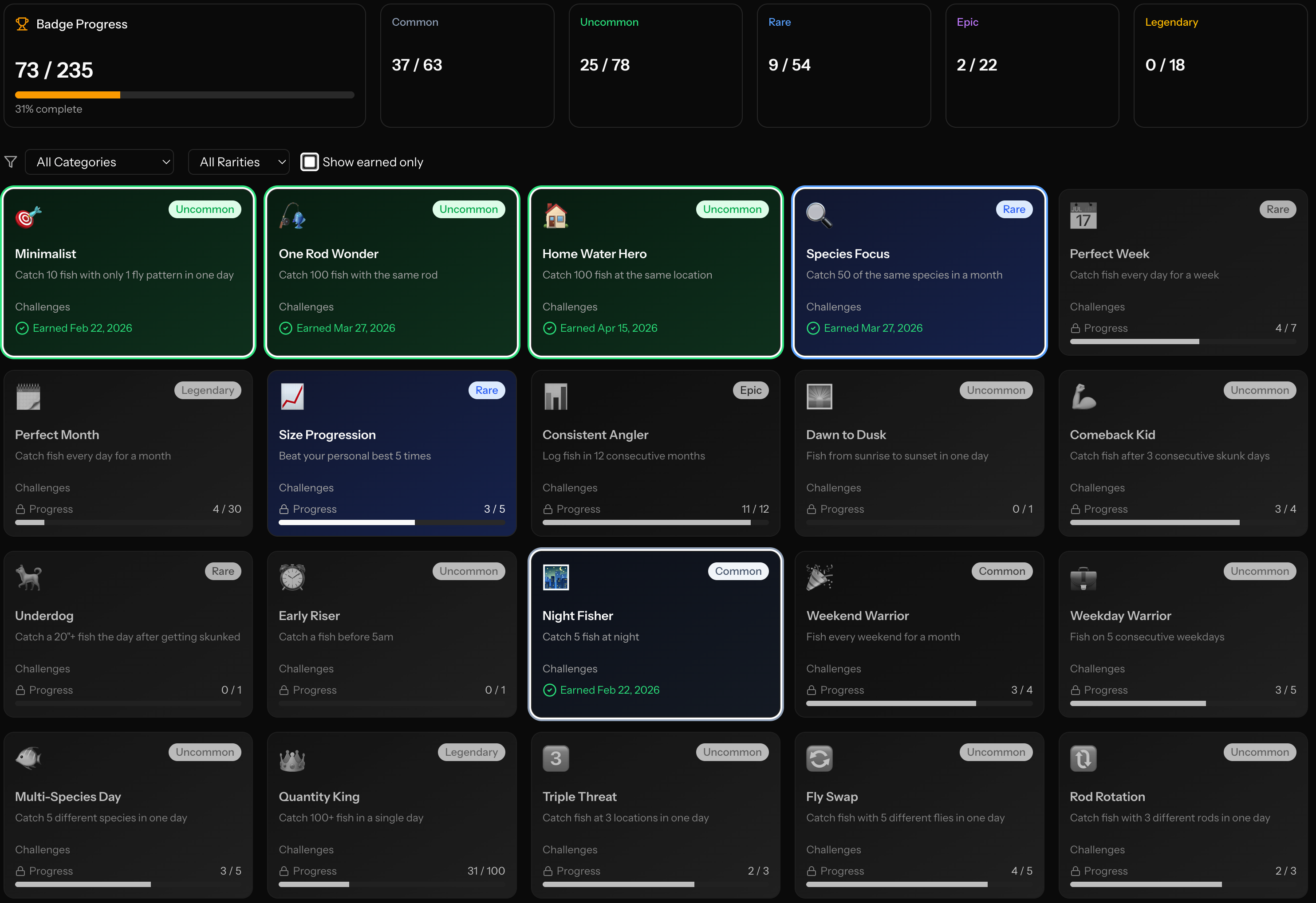 Earn badges and achievements as you reach fishing milestones